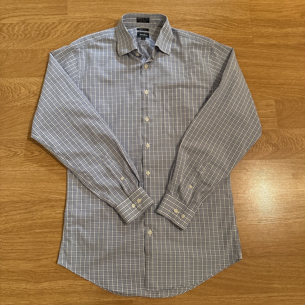 Neiman Marcus Dress Shirt Men's 15.5-34/35 Trim Fit Blue Plaid Wrinkle Free